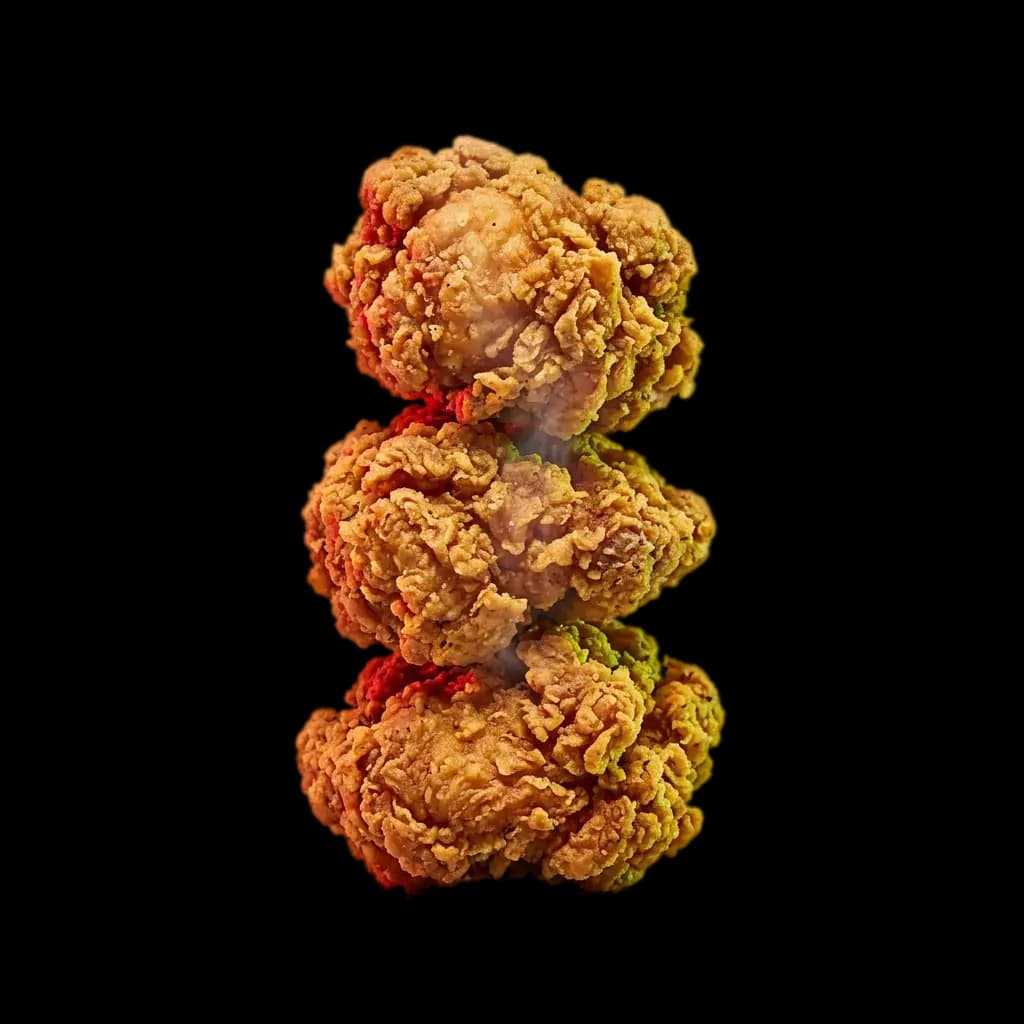 Morceaux de poulet frit ultra croustillant à la croûte dorée éclatée, un des trois ingrédients du crousty daubermann