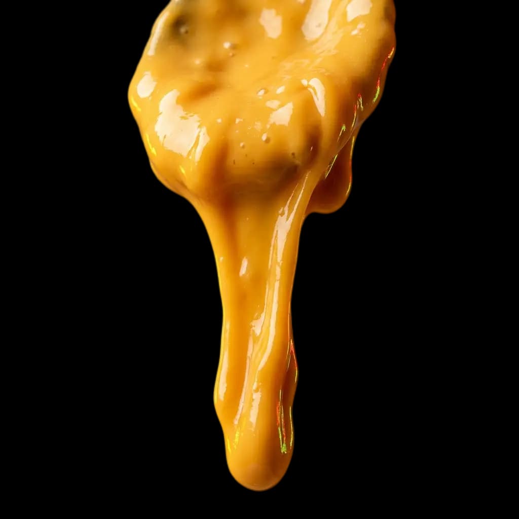 Coulée de sauce cheddar-orange brillante et dégoulinante, un des trois ingrédients du crousty daubermann
