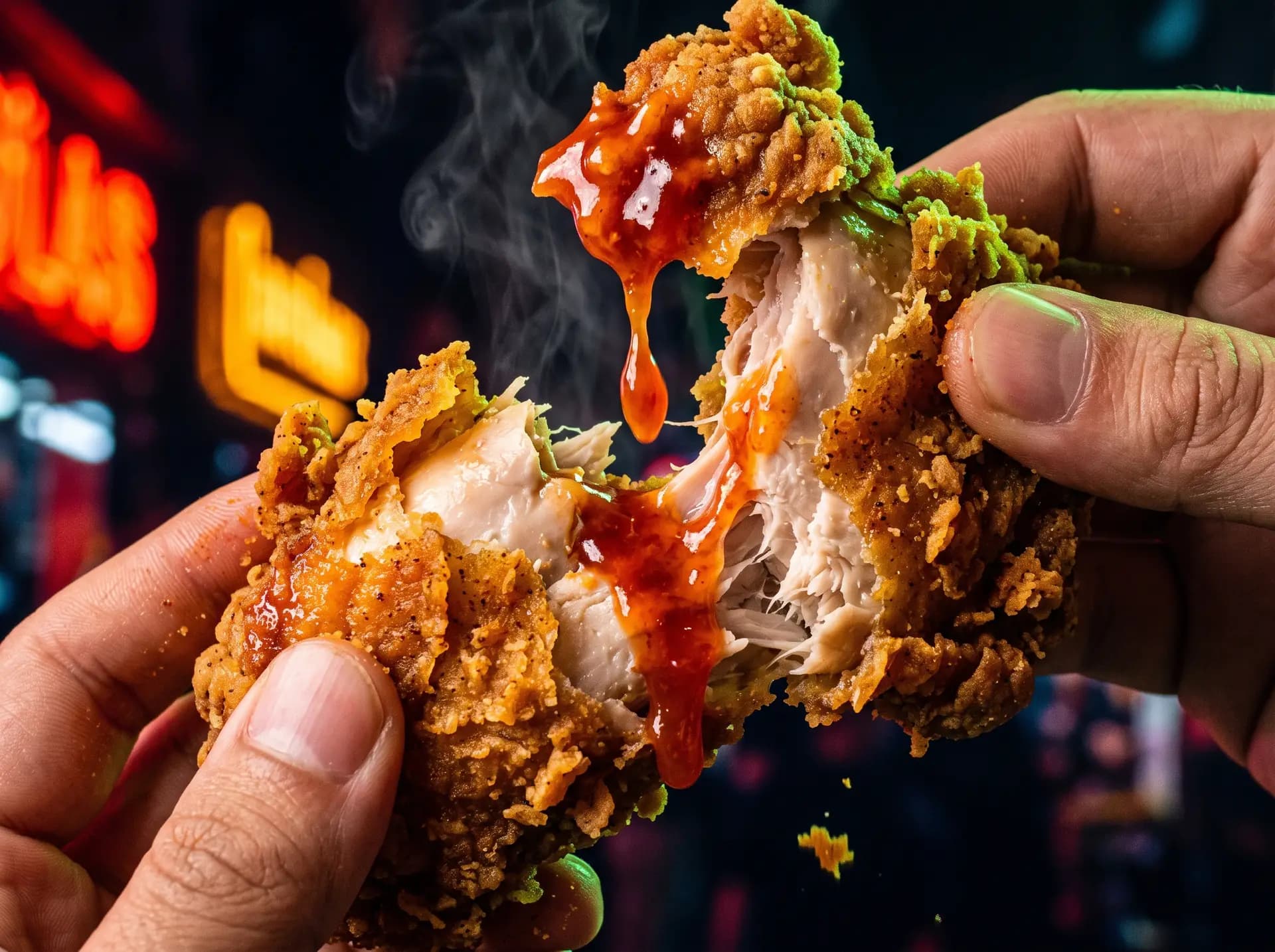 Gros plan sur le poulet frit croustillant ouvert, sauce en train de couler