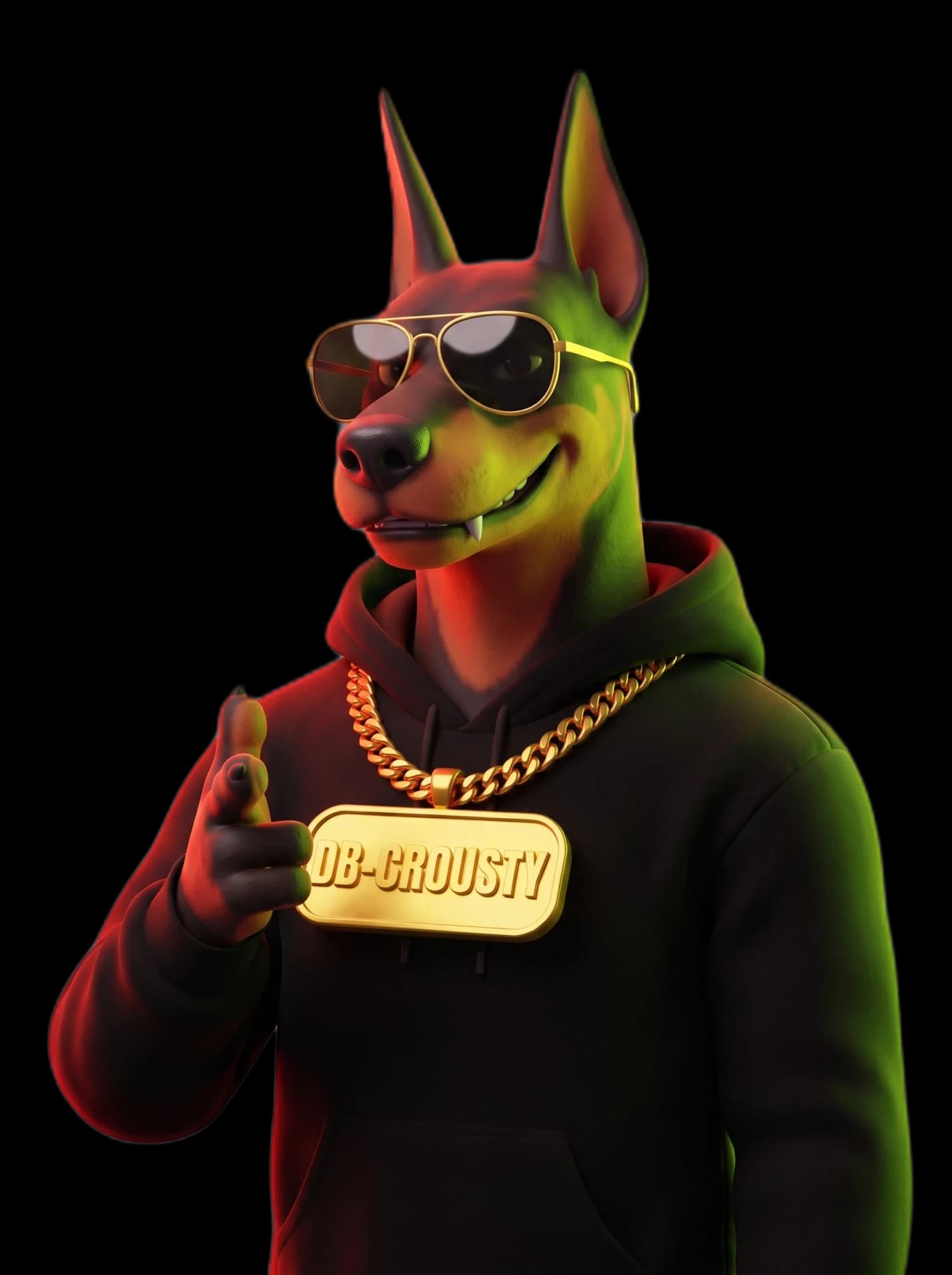 La mascotte daubermann en lunettes dorées qui pointe vers les réseaux